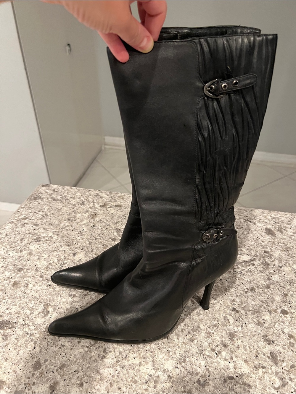 Black Pointed-Toe Knee Boots with Ruched Side and Buckle Detail